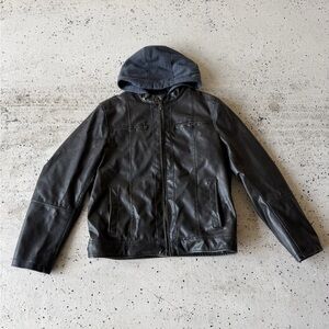 Tommy Hilfiger Black Leather Jacket with Blue Hood